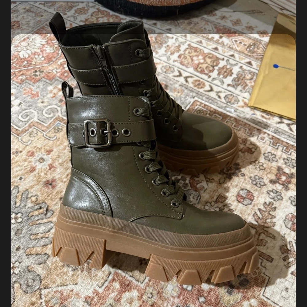 BAMBOO Dark Green Combat Boots with Brown Soles